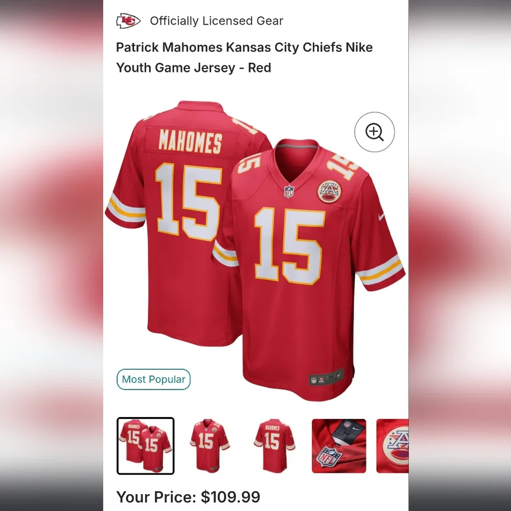 Nike Mahomes Kansas City Chiefs Youth Jersey XL‎